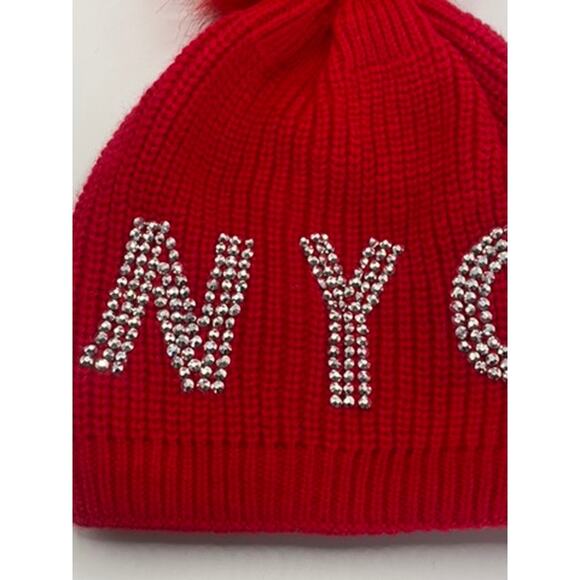 NYC Women's Red Ribbed Rhinestone Embellished Pom-Pom Faux Fur Lined Beanie SZOS - Picture 4 of 8